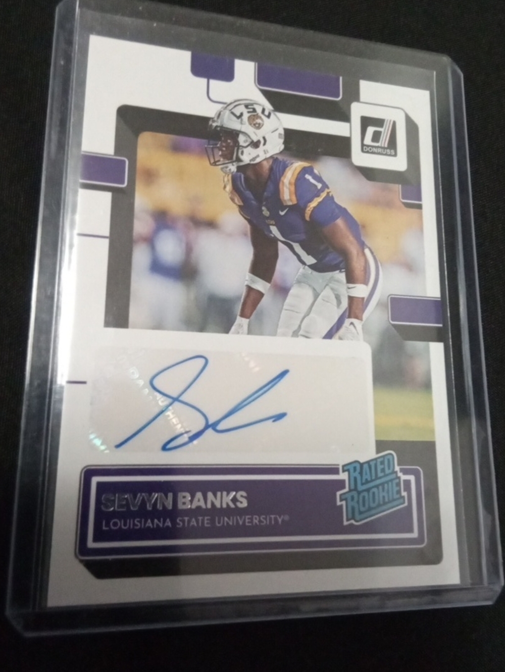 Panini Donruss Sevyn Banks LSU Purple & White Rookie Autograph Card.